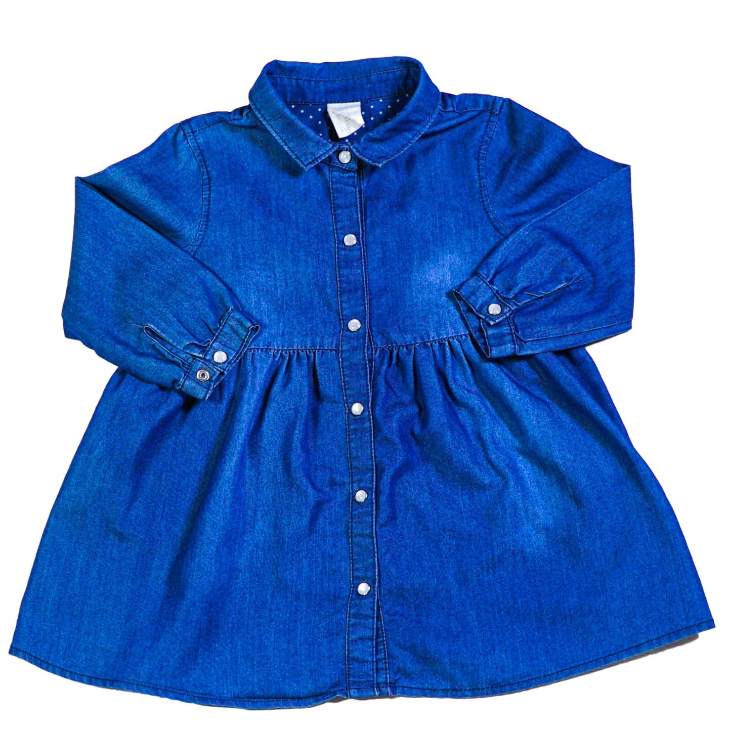 Cotton denim collared dress with snap front opening