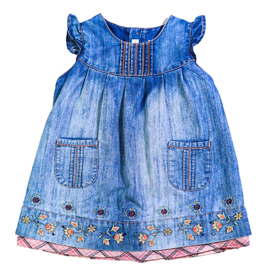 Cotton denim smocked and embroidered pinafore dress