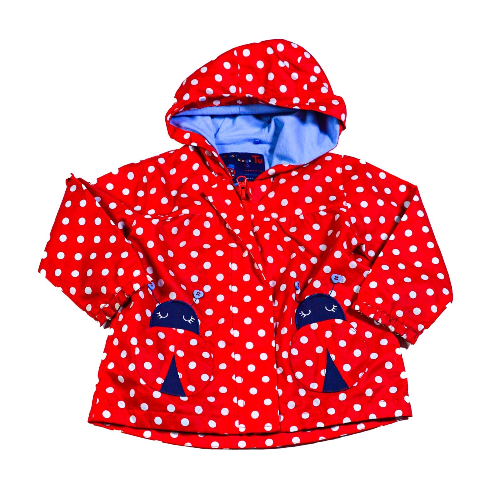 Polyester light weight spotty raincoat with ladybird pockets hood