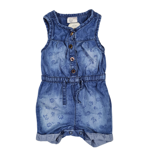 Cotton denim flower print short playsuit