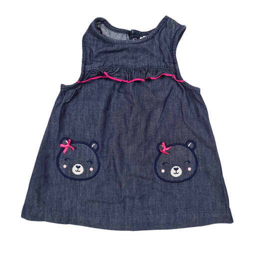 Denim Look Dress with Bear Embroidery