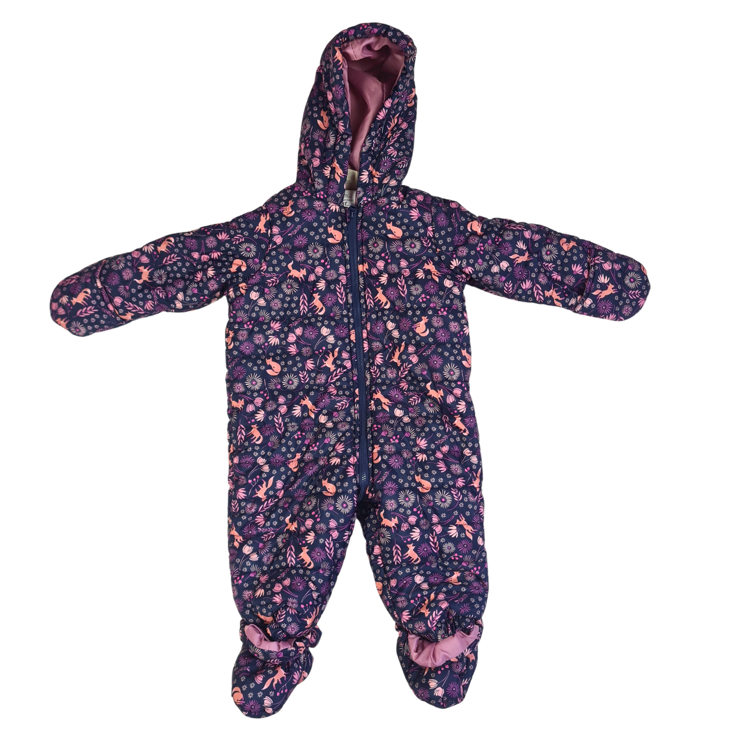 Floral woodland pramsuit with built in mitts and detachable booties.