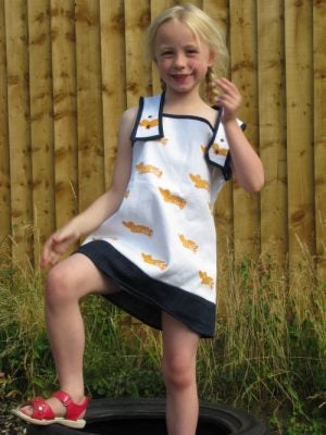 Denim Yellow Bird blockprint pinafore | Share & Earn