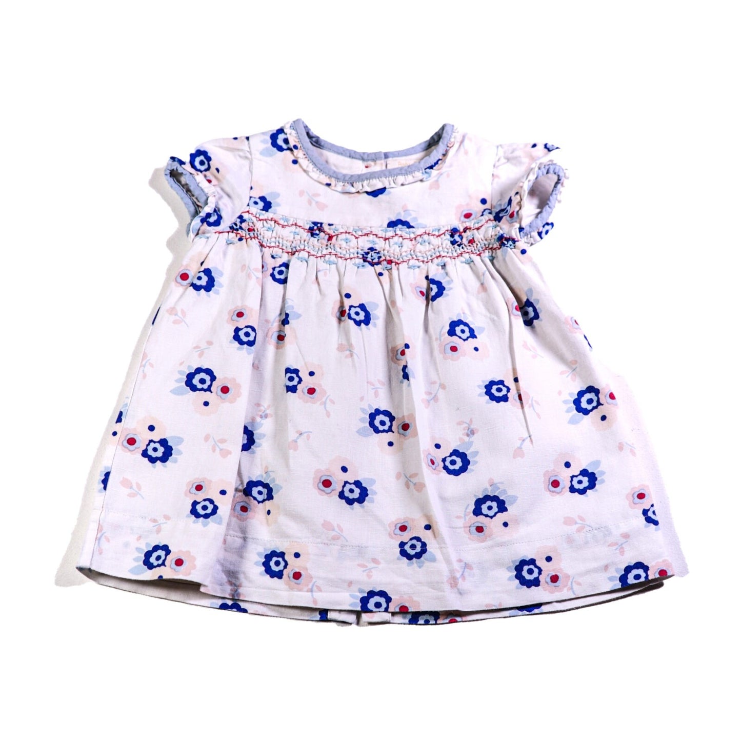 Cotton linen flower print dress with smocking