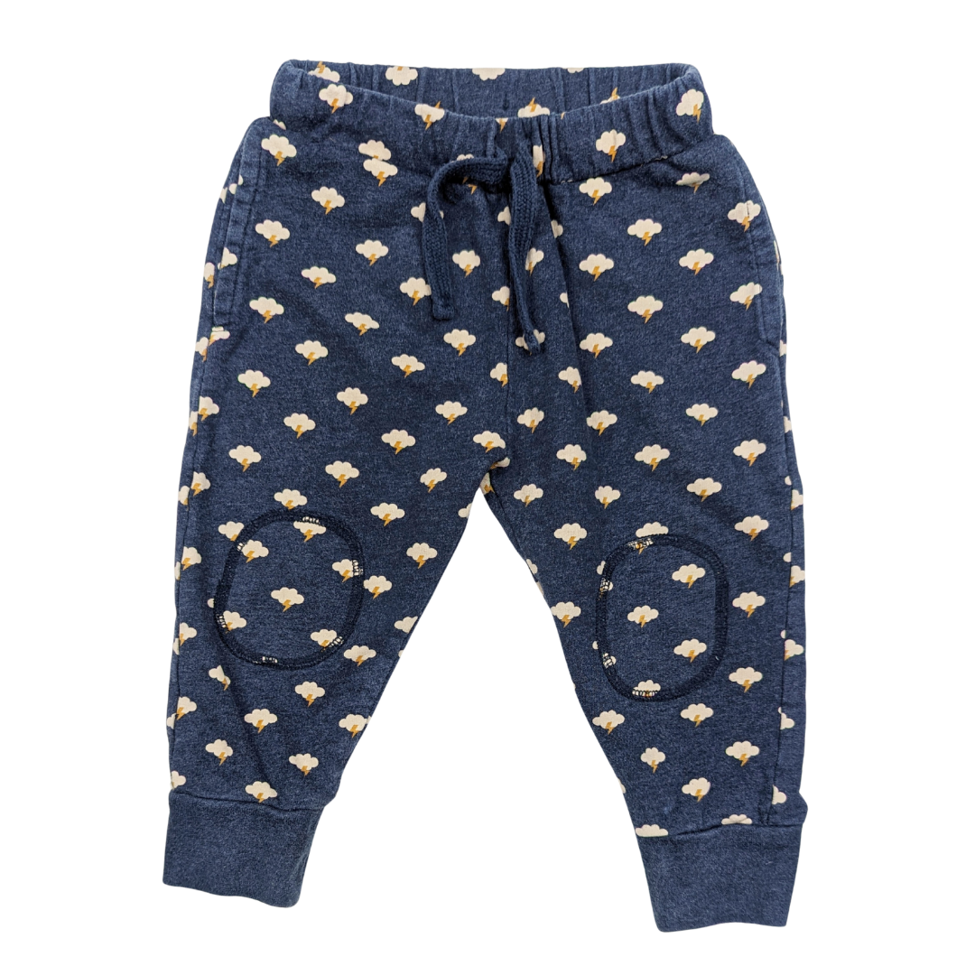 Cloud and thunderbolt patterned blue joggers