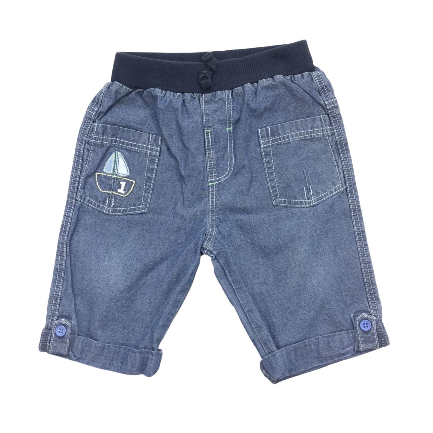 Cotton Denim Style Trousers with Embroidered boat Motif on the Pocket