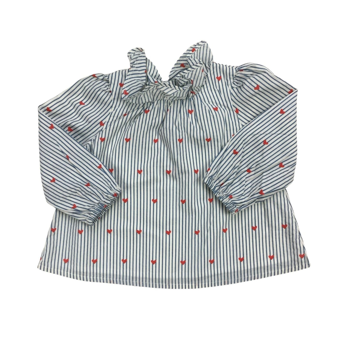 Cotton Pin Stripe Ruffle Neck Shirt with Heart Print.