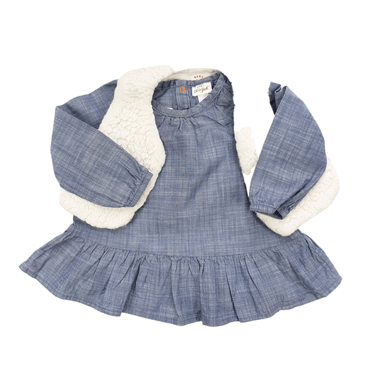 Denim style smock top with furry waistcoat