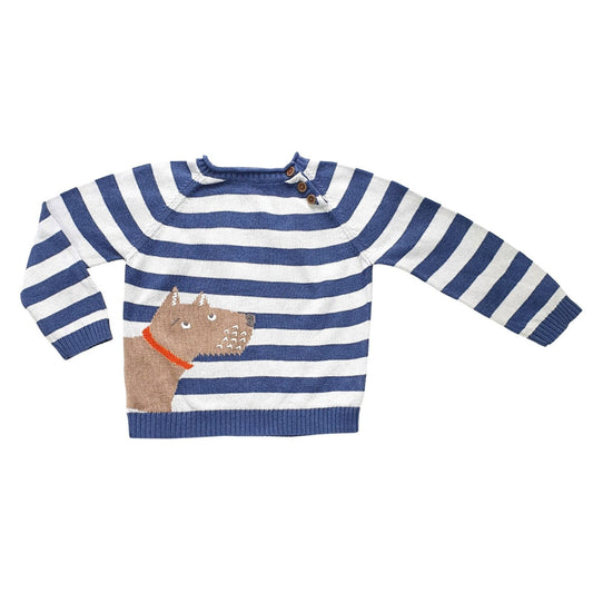 Cotton Knit Striped Jumper with Dog Design.