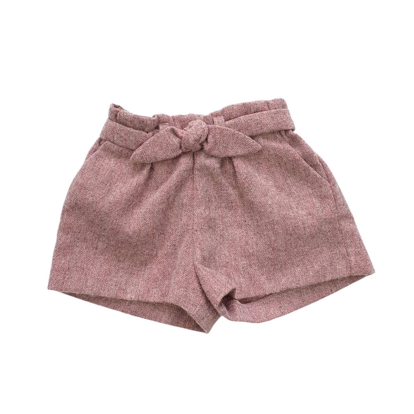 Wool mix tweed shorts with bow belt detail.