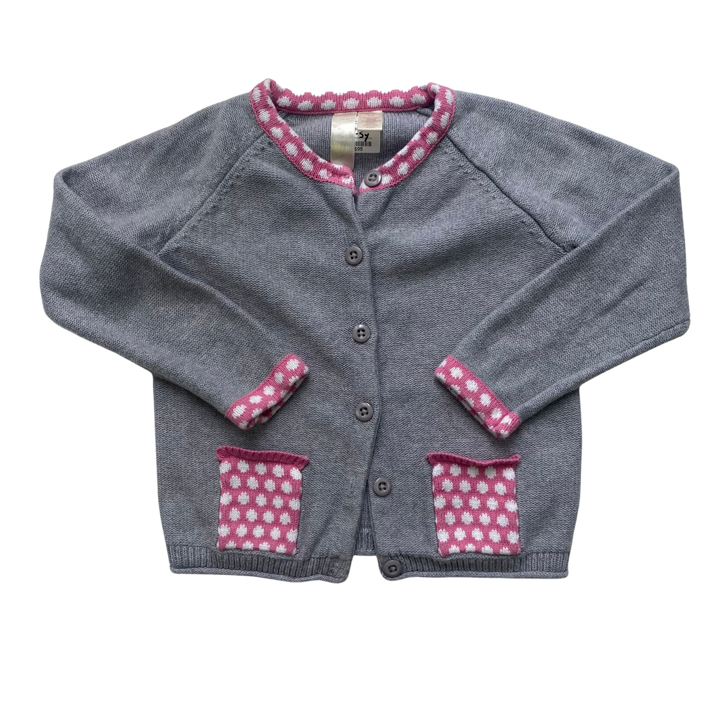 Grey Cotton Knit Cardigan with Polka Dot Butterfly Detail on Back