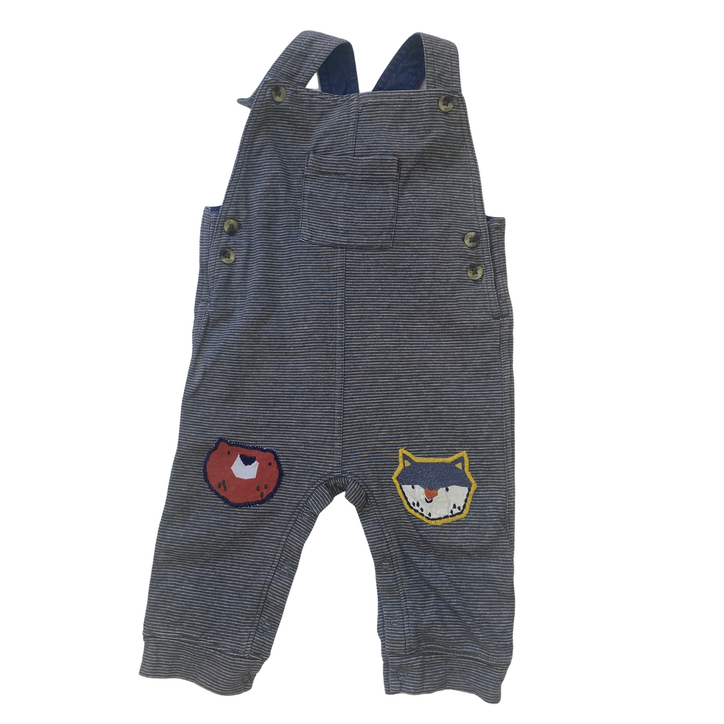 Striped Dungaree Romper with animal face patches on the knees.