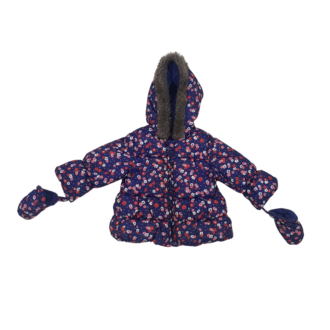 Floral Puffer Jacket with Fur trim hood and detachable mittens.