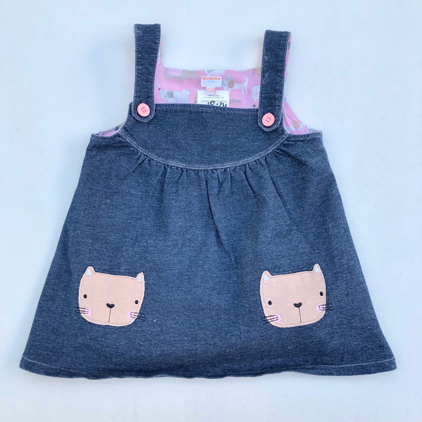 Stretch denim pinafore with appliqué cat faces