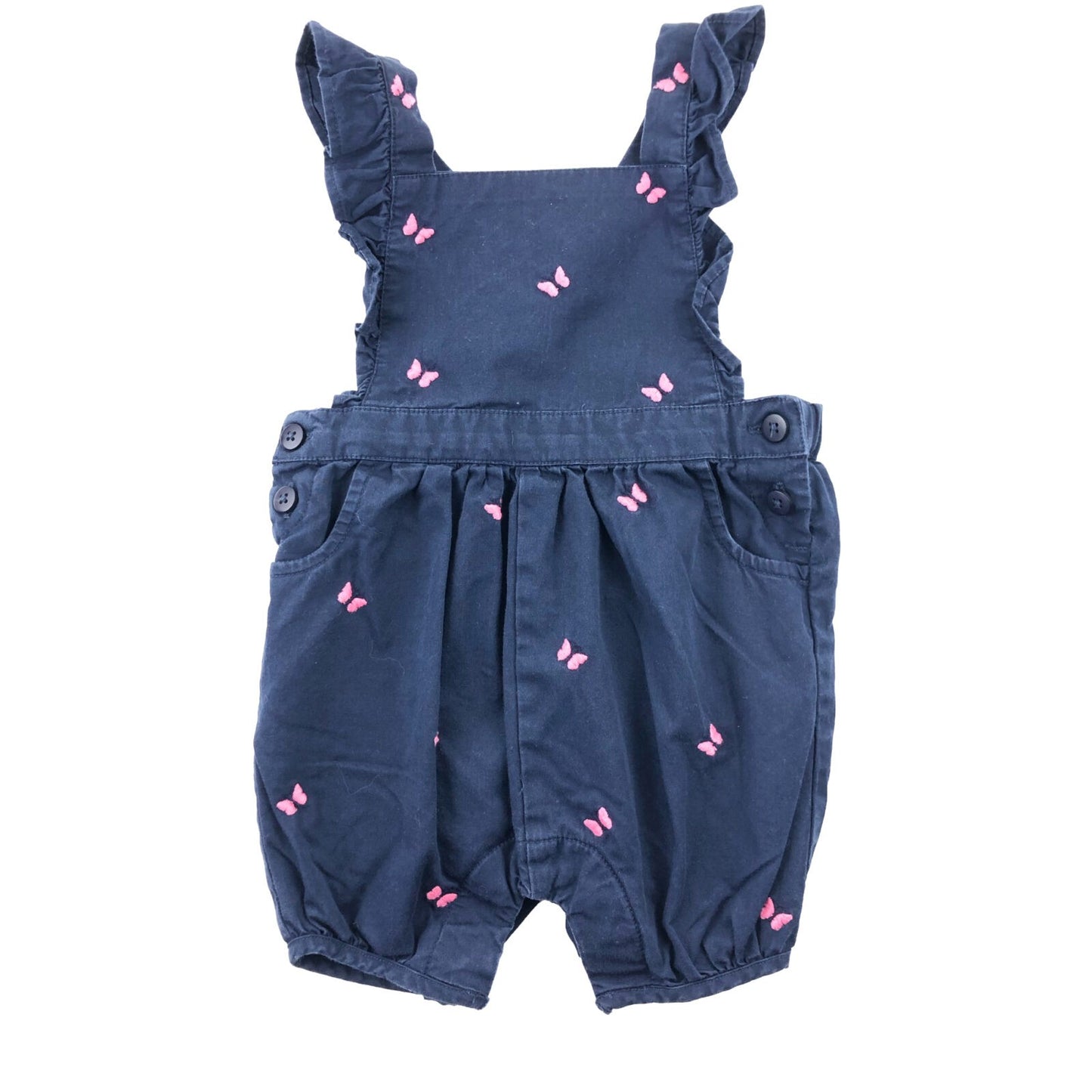 Cotton short dungarees with embroidered butterfly and frilled bib