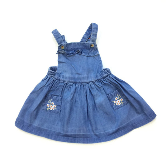 Light Denim Pinafore Dress wth Floral Embroidered Pockets