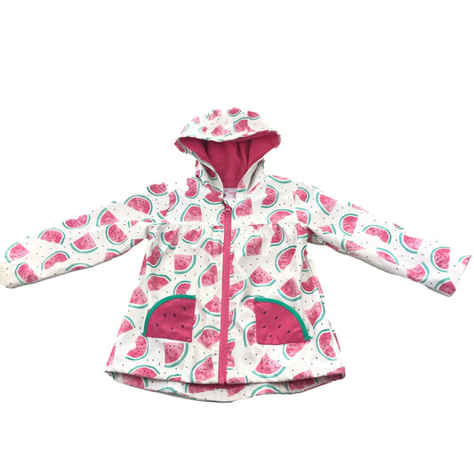 Rubberised watermelon print raincoat with hood