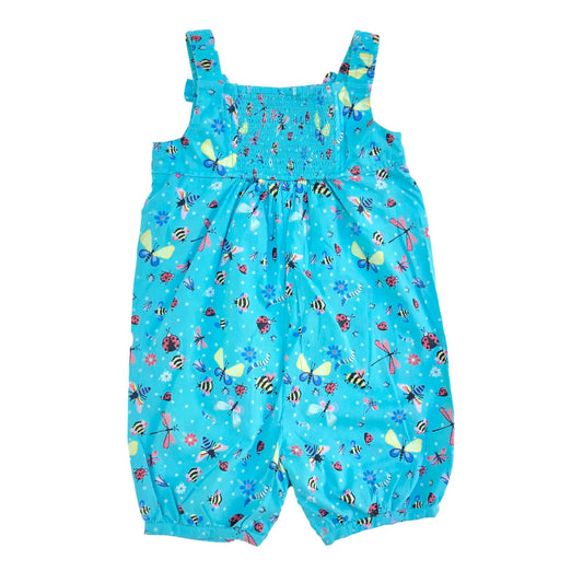 Light cotton romper with bright critters print and ruched back