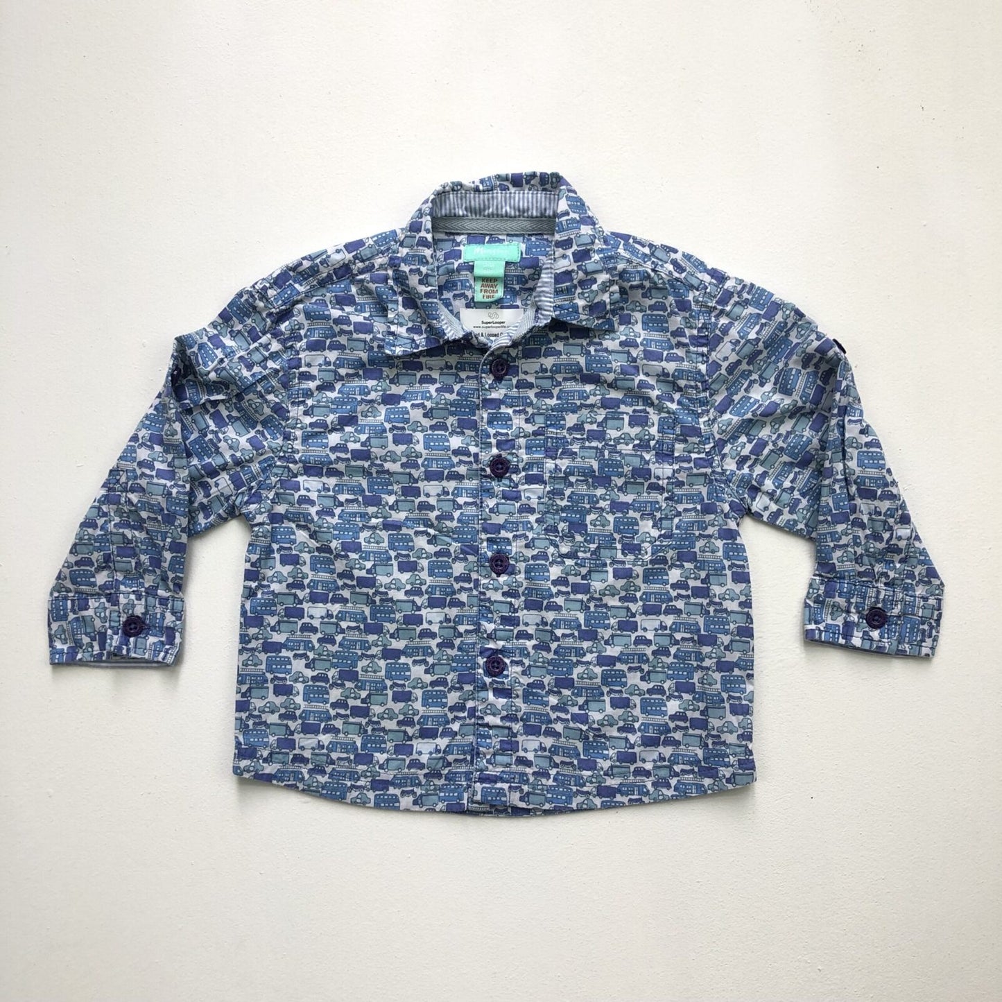 Cotton shirt with automobile print and adjustable long sleeves