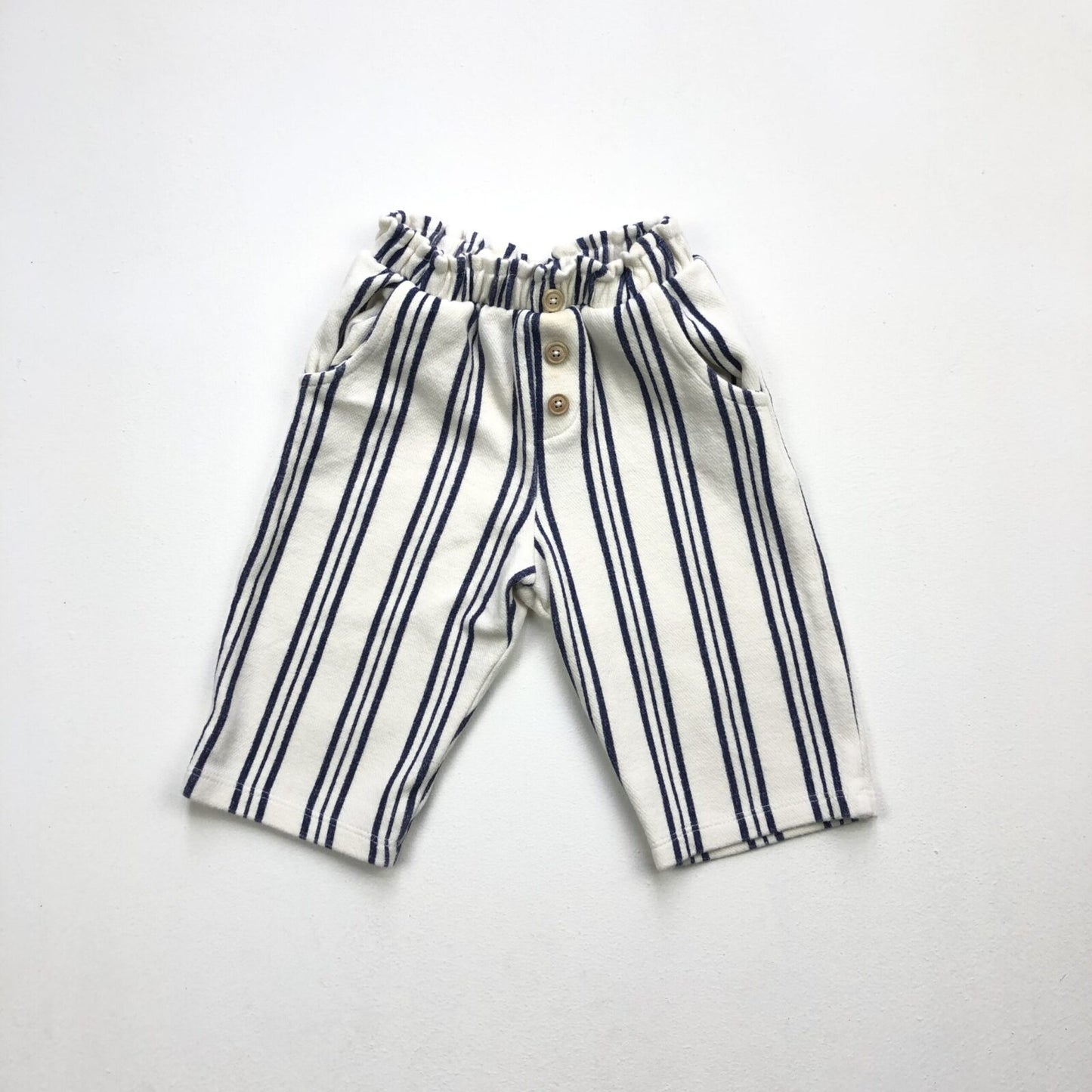 Striped cotton mix fibres trousers with elasticated waist (slight stain)