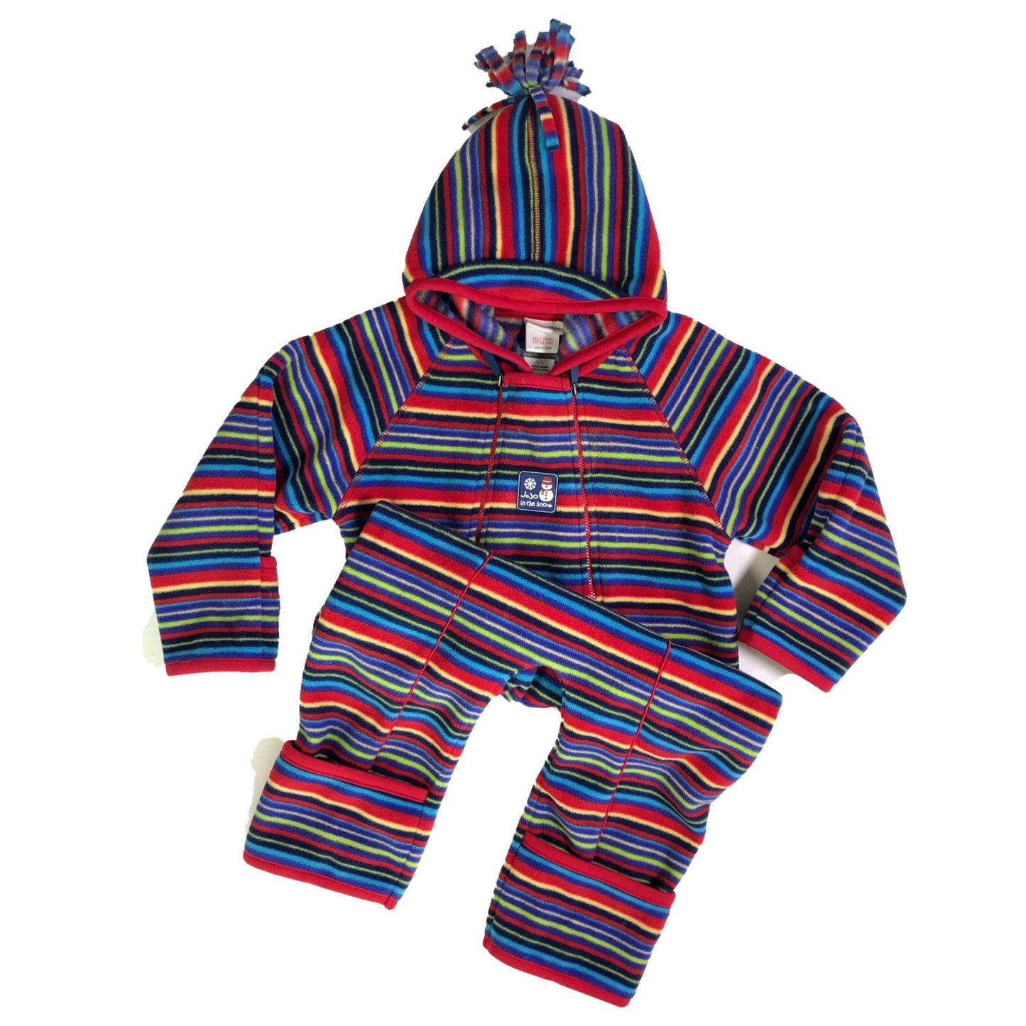 Fleece pramsuit with pom-pom hood integrated mitts and feet