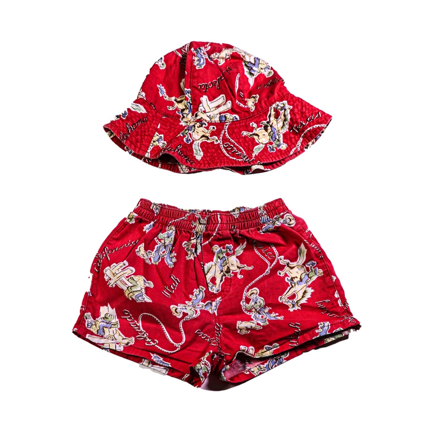 Cotton shorts and hat set with vintage cowboy print