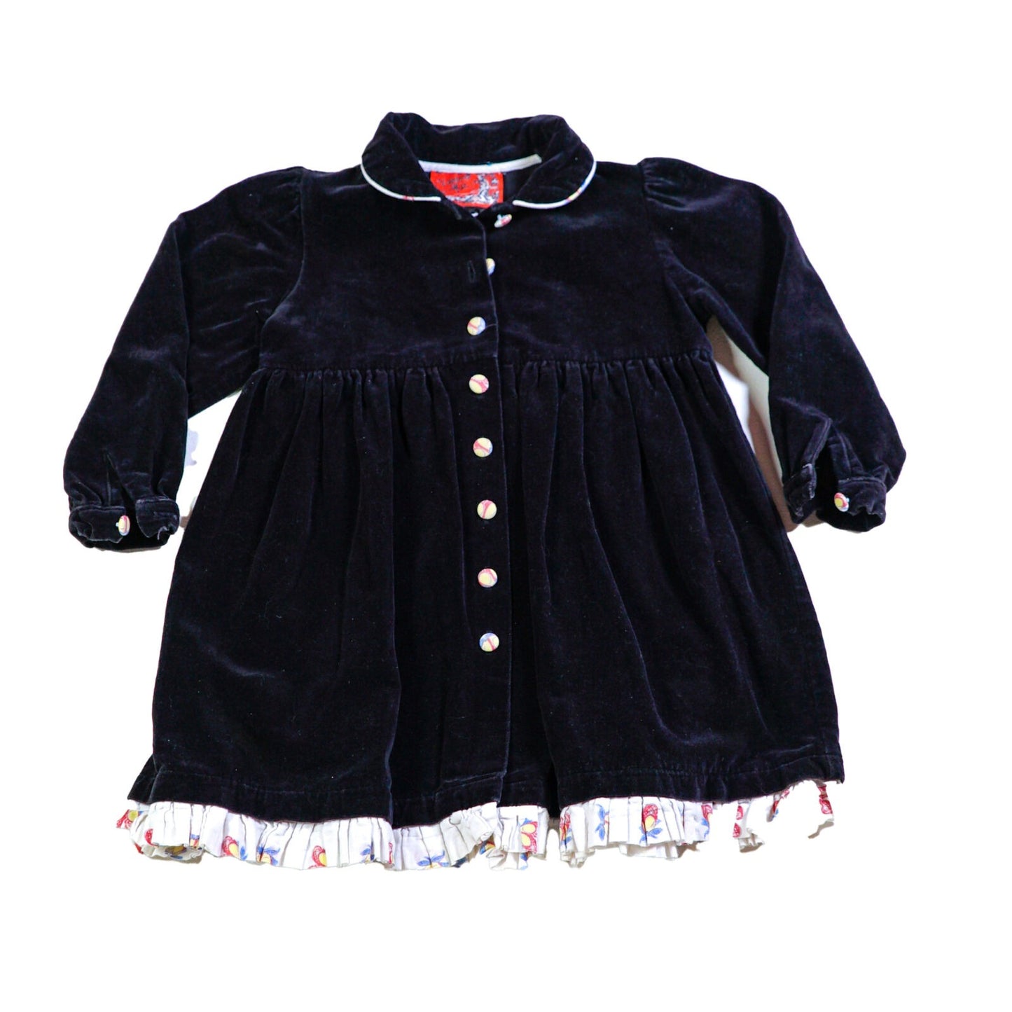 Velvet printed frill smock dress with button front collar