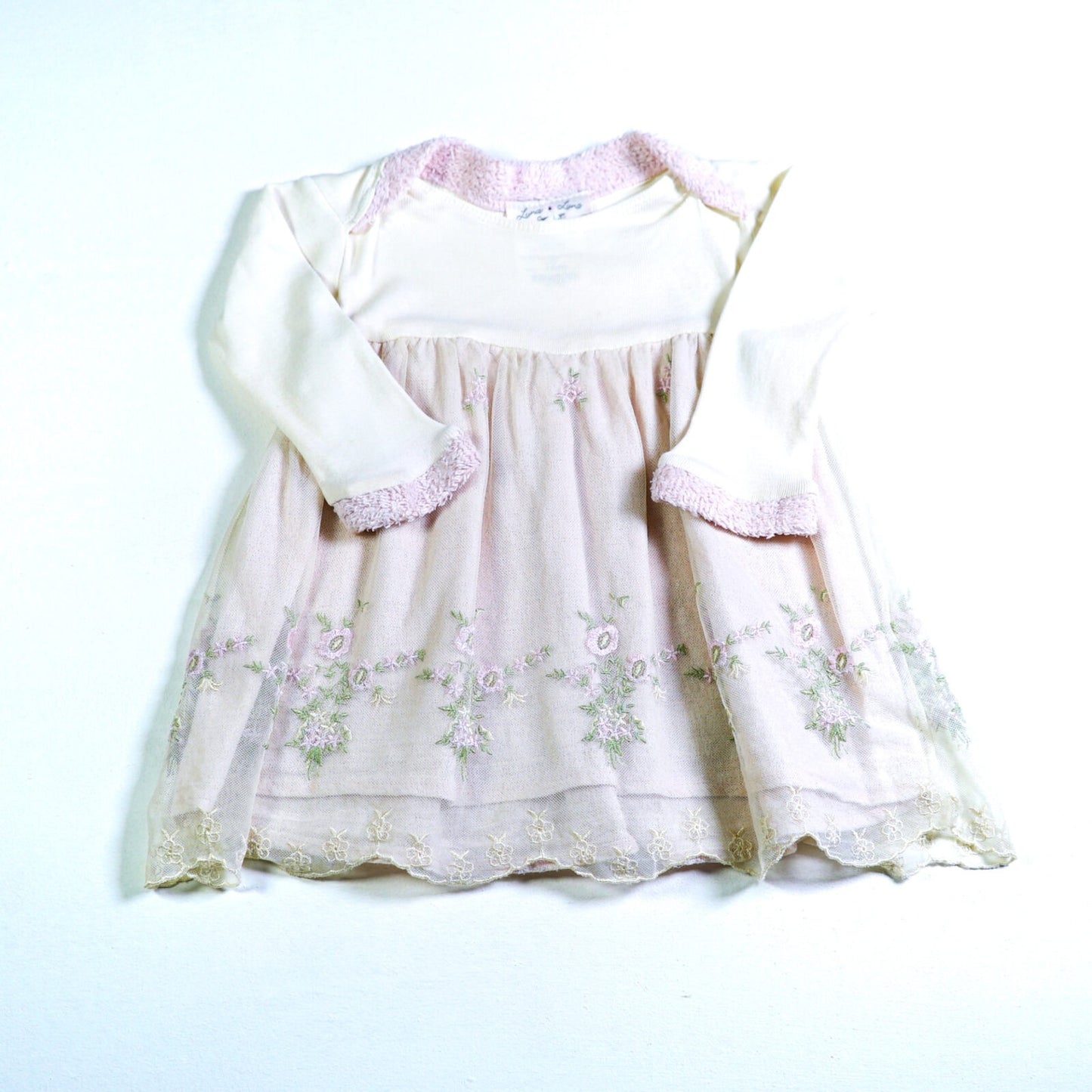 Mixed fabric smock dress with mesh embroidered overskirt