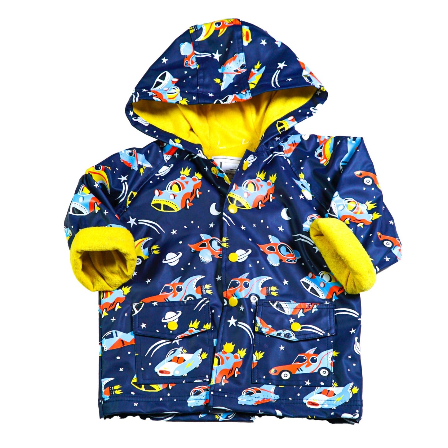 Multicoloured cars & stars design coat with velour lined hood and velour lining