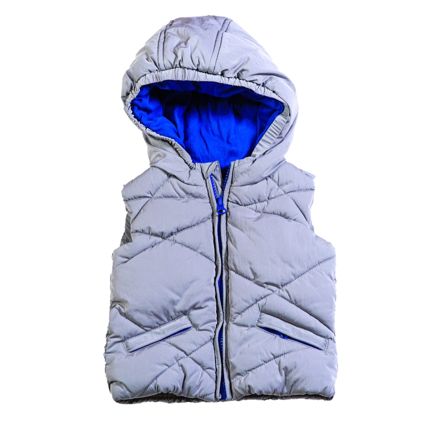 Quilted gilet with hood and contrast cotton jersey lining