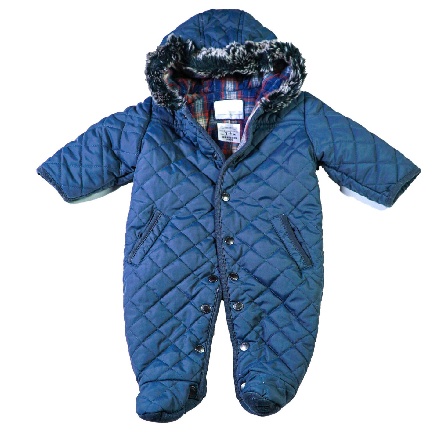 Cotton quilted pramsuit with fur lined hood
