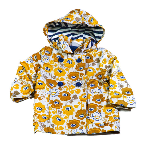 Coated fabric flower print raincoat, fleece lining and hood