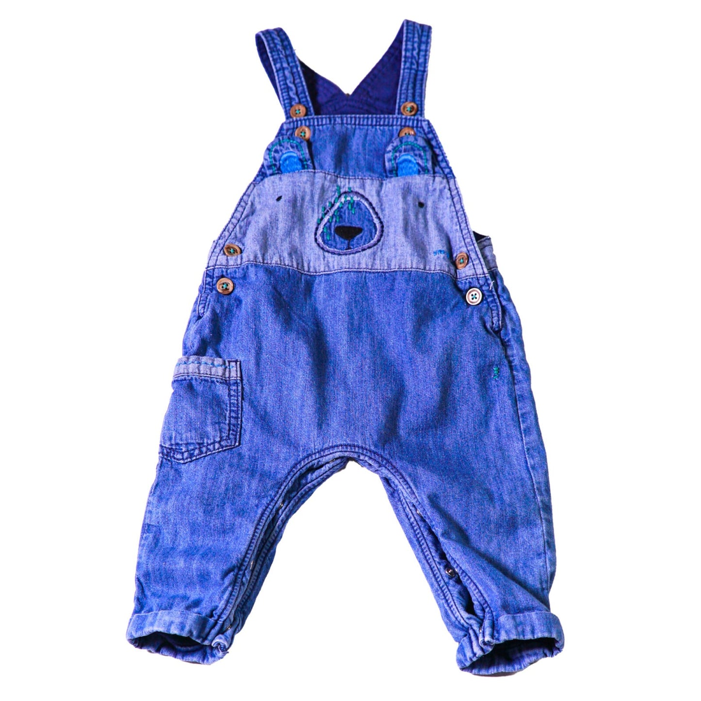 Cotton denim dungarees lined with appliqué bear