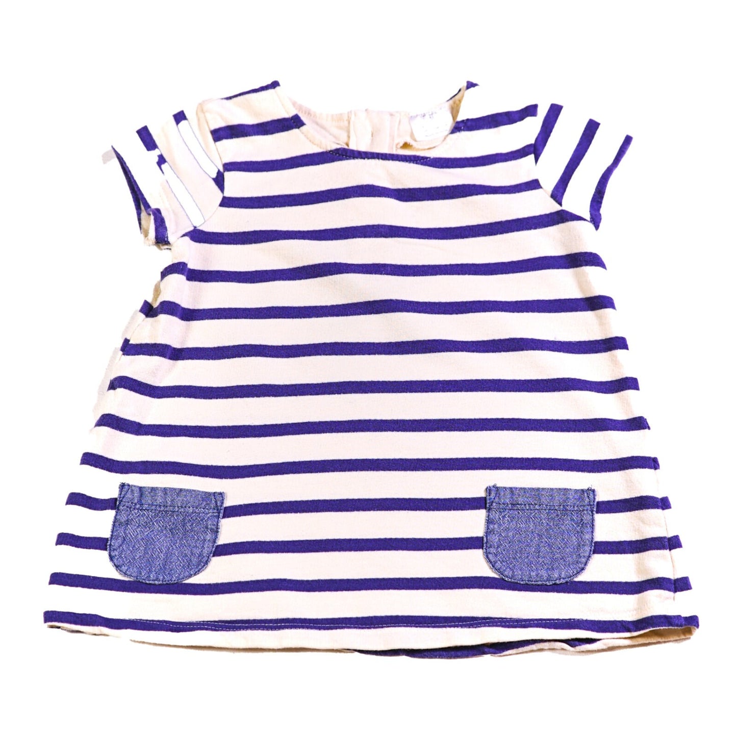 Cotton striped dress with 2 denim front pockets and back neck neck button fastening