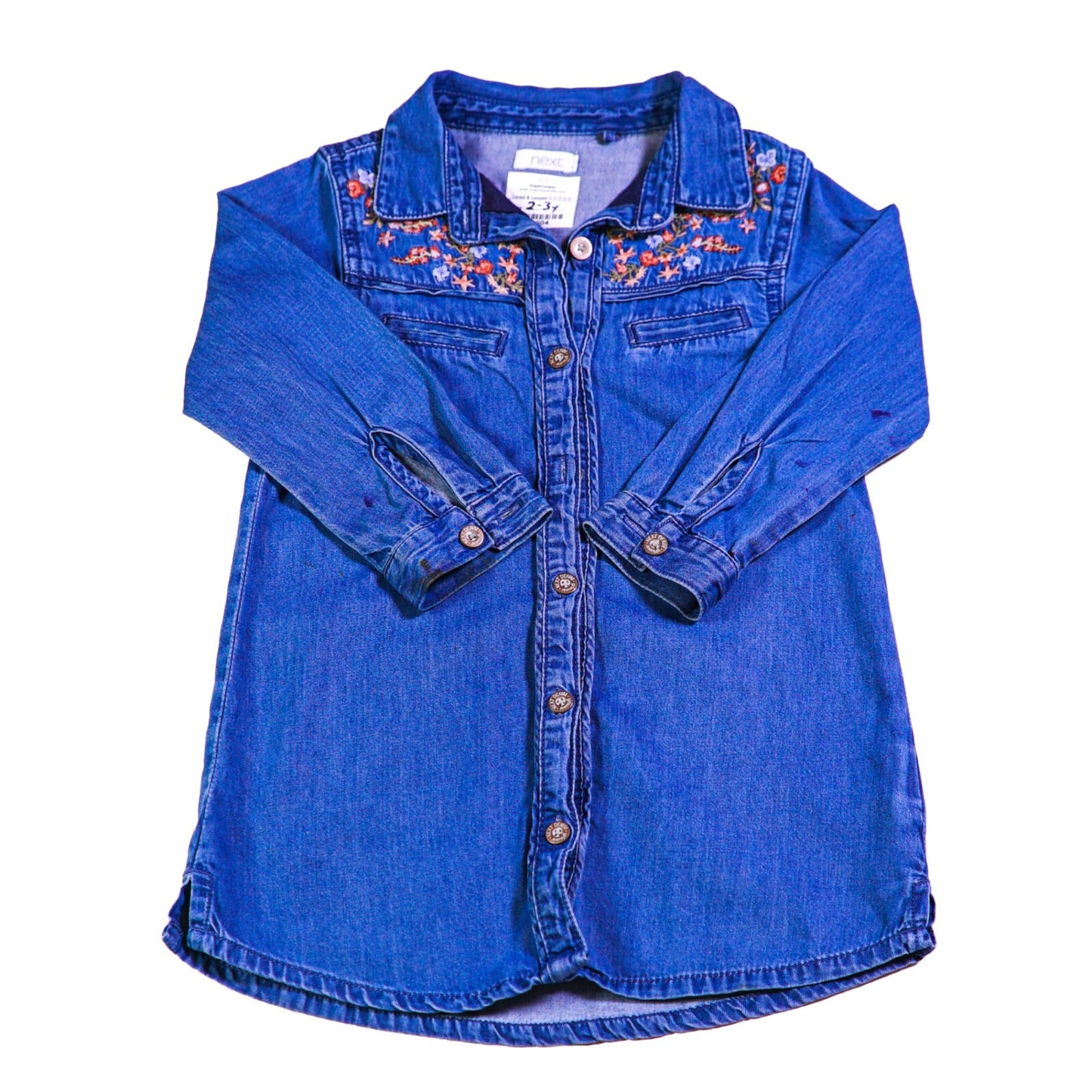 Cotton denim dress with embroidered flower detail and button-through front fastening