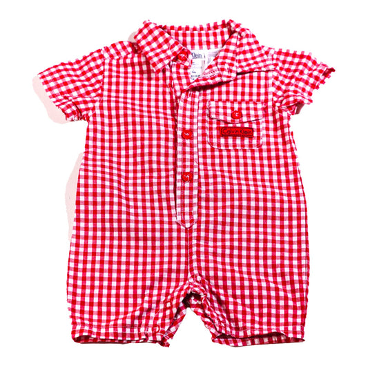 Cotton ginham romper suit with collar and short sleeves