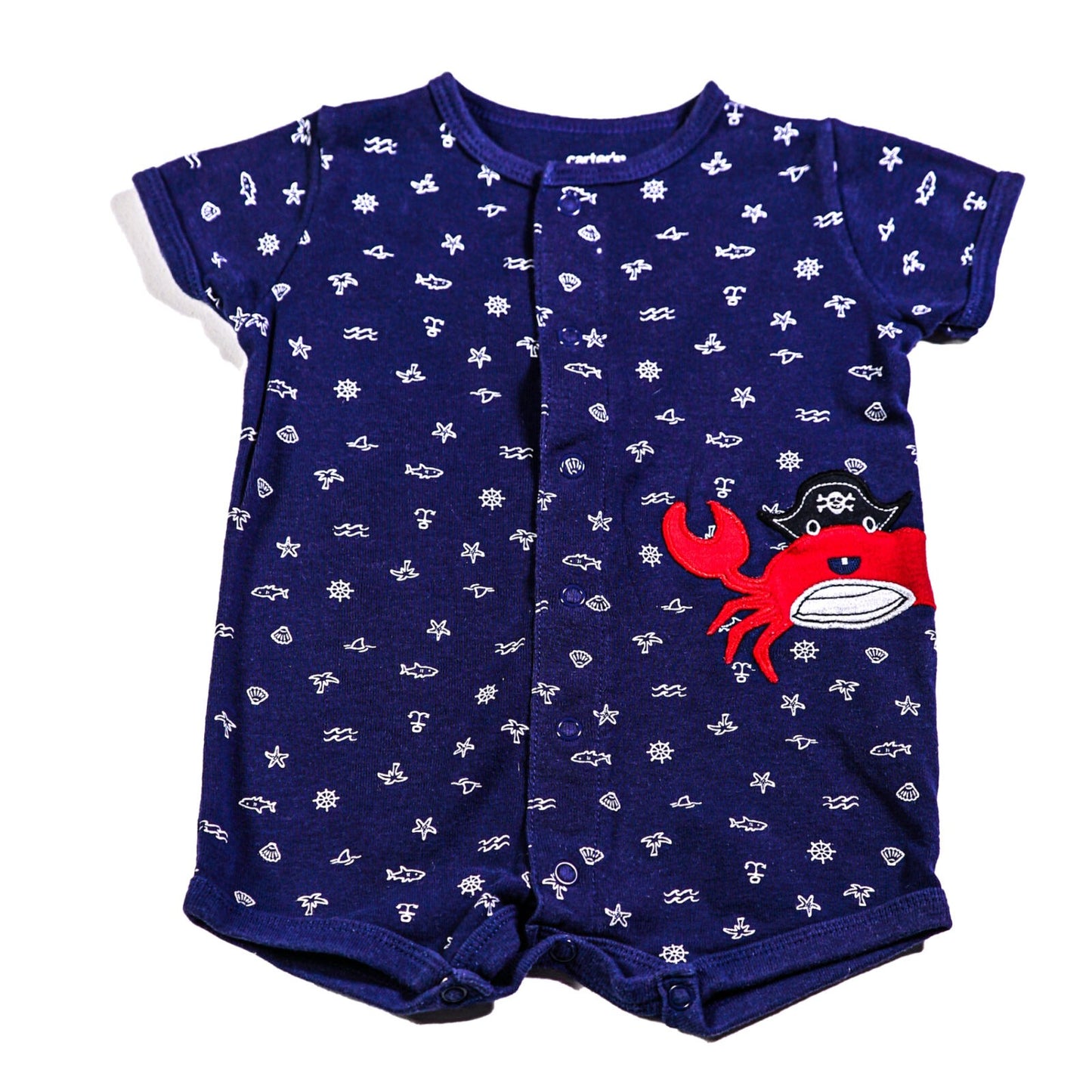 Cotton jersey sealife print rompers with appliqué crab