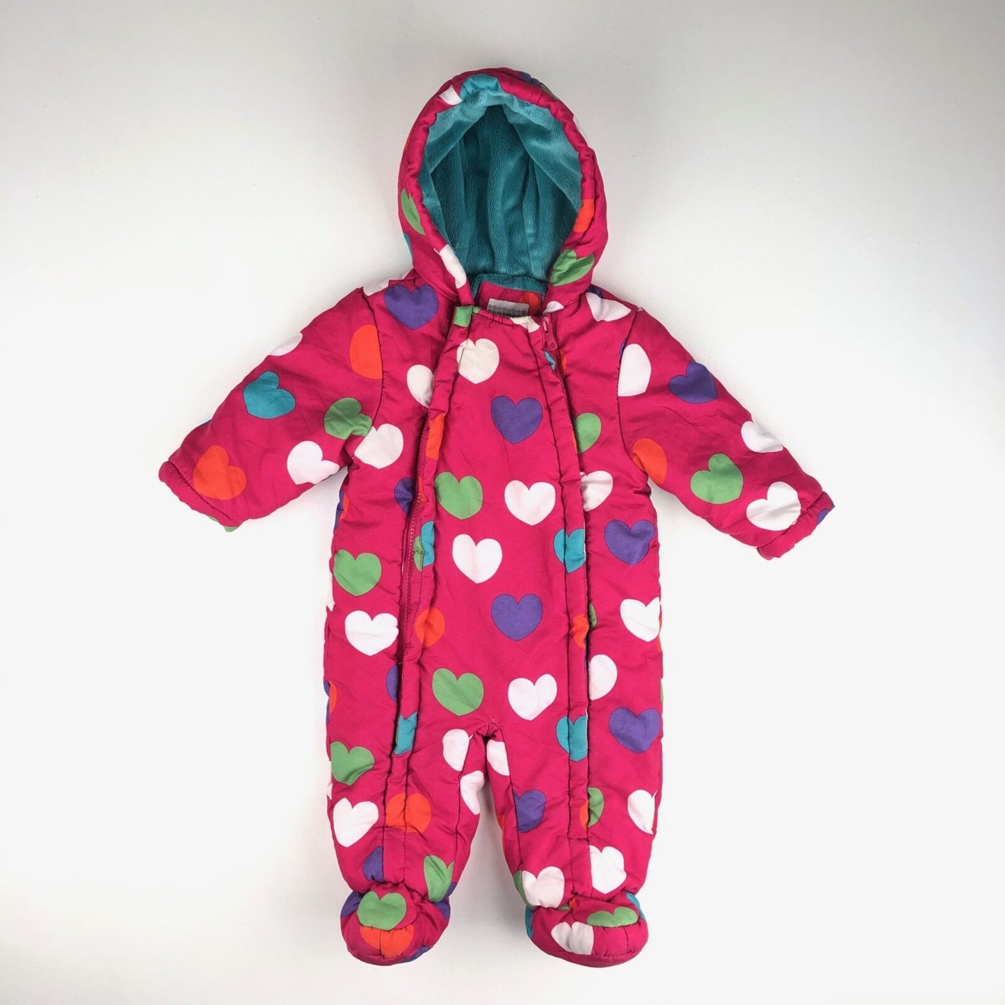 Bright heart print pram suit with furry lining