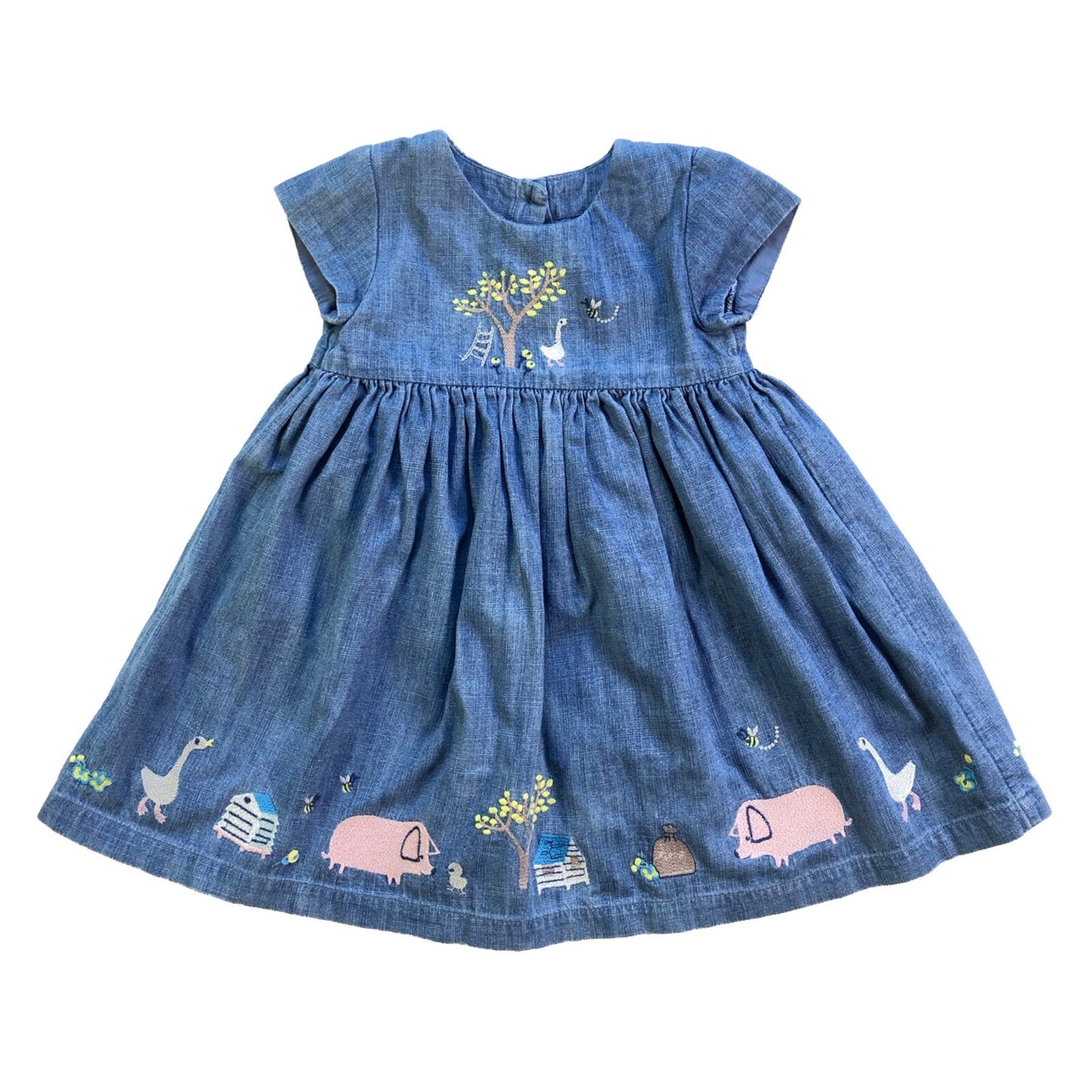 Cotton denim embroidered dress with double-layer skirt and farmyard embroidery