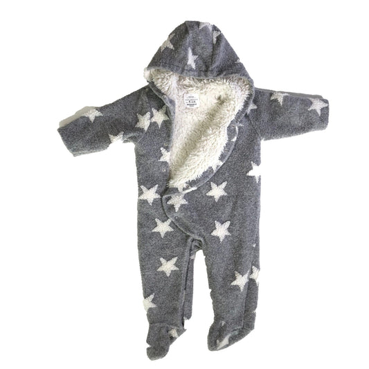 Fleece hooded star pramsuit with fluffy lining